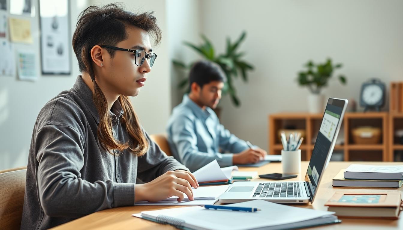 Students studying together in modern classroom